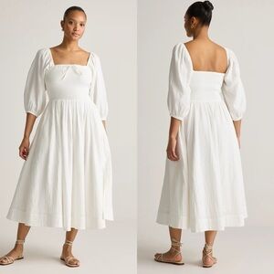 Quince White 100% Organic Cotton Smocked Midi Dress | Size Small